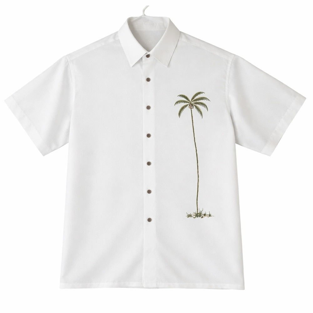 Bamboo Cay White Palm Tree Embroidered Short Sleeve Button Up Shirt‎ Mens XL